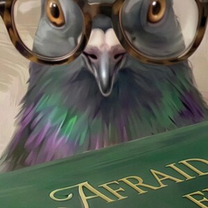 Close-up detail of the pigeon peeking over books print showing the round glasses, the gold lettering on the top book Afraid to Fly? A Guide for Urban Aviators, and the paws