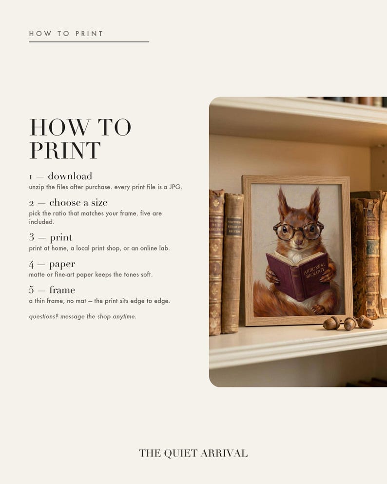 How to print card: download and unzip, choose the ratio that fits your frame, print at home or at a print shop, and framing and paper tips.
