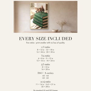 Print sizes card: a wide photo of the framed print above a pale oak console, then every included size listed by ratio - 2:3, 3:4, 4:5, ISO A-series and 11:14 - under the heading Every Size Included.