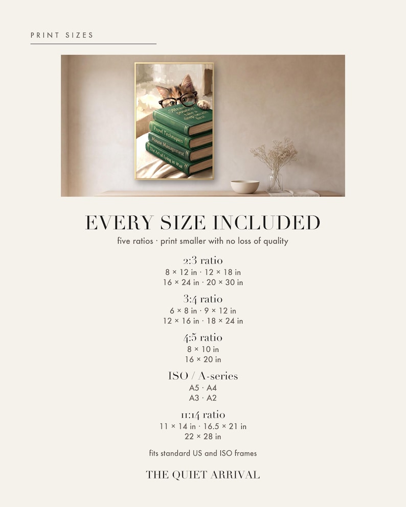 Print sizes card: a wide photo of the framed print above a pale oak console, then every included size listed by ratio - 2:3, 3:4, 4:5, ISO A-series and 11:14 - under the heading Every Size Included.