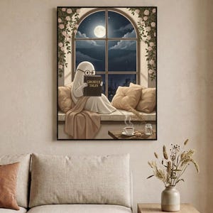The window seat coffee ghost reading print framed in a calm neutral living room above a linen sofa