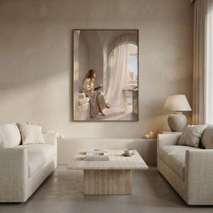 The you can stay here print framed as the focal point of a calm neutral interior. neutral printable wall art, minimalist home decor, Japandi style, calm living room and bedroom decor, slow living digital download.