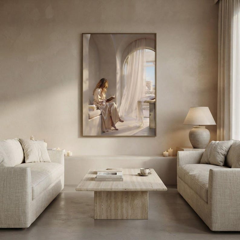 The you can stay here print framed as the focal point of a calm neutral interior. neutral printable wall art, minimalist home decor, Japandi style, calm living room and bedroom decor, slow living digital download.