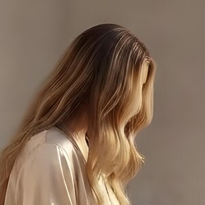 Close-up detail from Woman Reading Wall Art, a cropped fragment of the printable artwork: long blonde hair falling in loose waves over a satin robe, sunlight catching the strands.