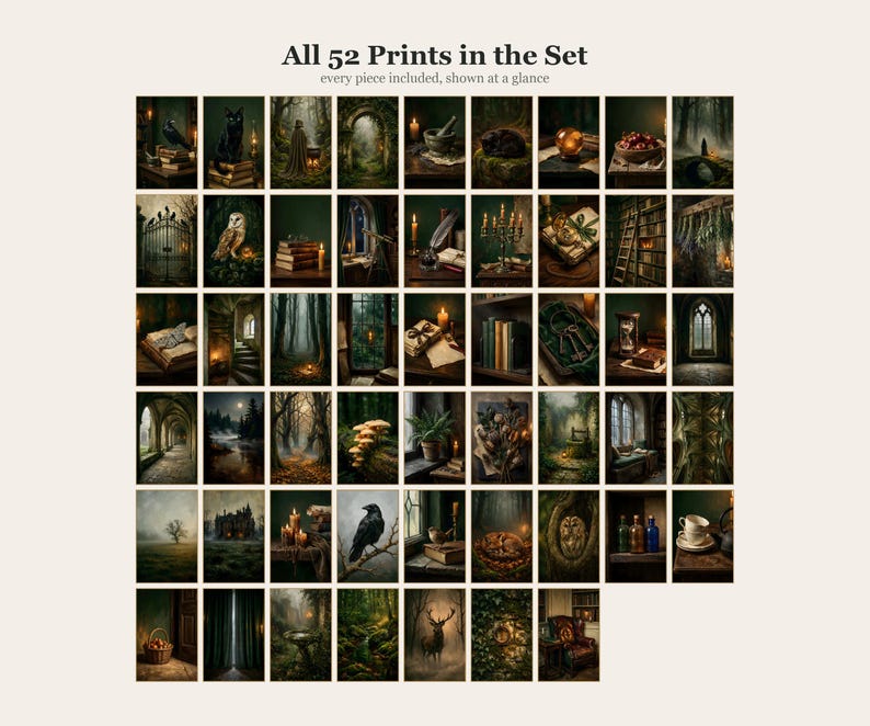 All 52 prints in the set shown as small framed thumbnails in a grid. Title reads All 52 Prints in the Set.
