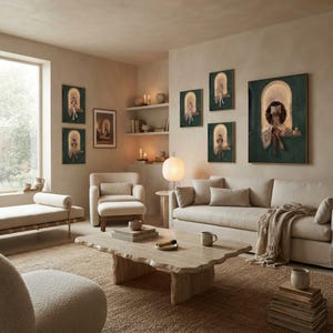 The emerald green reading nook collection arranged across a calm living room wall in gold frames, above a cream sofa and boucle chair with a travertine table and paper lantern lamp.