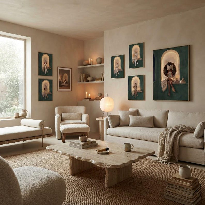 The emerald green reading nook collection arranged across a calm living room wall in gold frames, above a cream sofa and boucle chair with a travertine table and paper lantern lamp.