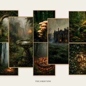 Eight framed prints arranged as a gallery wall: a mossy stone archway, a misty forest with a lantern and an open book, an ivy-covered stone birdbath, a mushroom cluster on a mossy log, a sleeping fox curled in fallen leaves, a lit manor house across a field at dusk, a forest stream over mossy rocks, and ivy on a stone wall with an iron ring. Caption reads The Grounds.