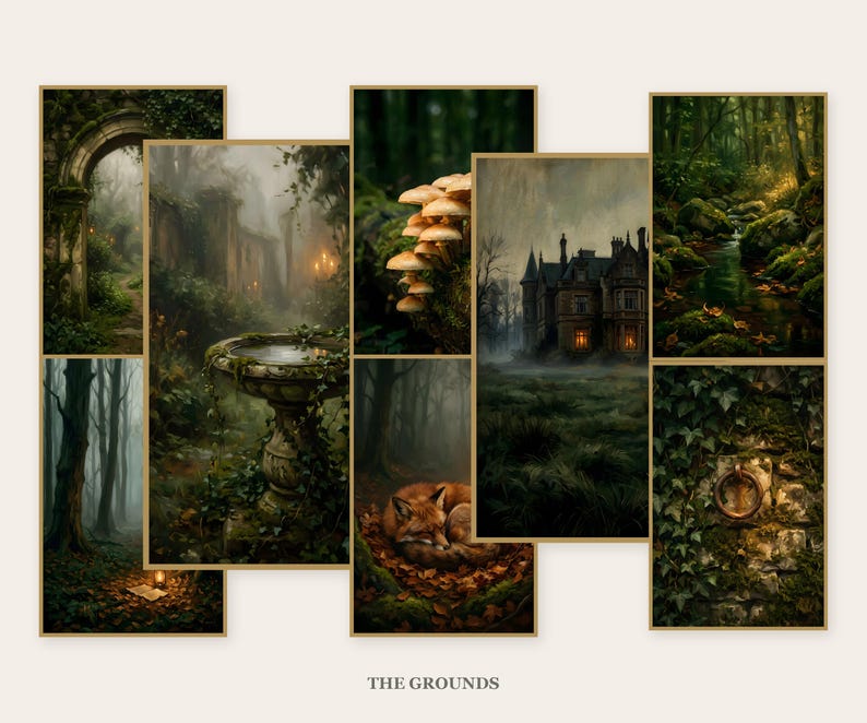 Eight framed prints arranged as a gallery wall: a mossy stone archway, a misty forest with a lantern and an open book, an ivy-covered stone birdbath, a mushroom cluster on a mossy log, a sleeping fox curled in fallen leaves, a lit manor house across a field at dusk, a forest stream over mossy rocks, and ivy on a stone wall with an iron ring. Caption reads The Grounds.
