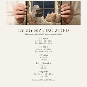 Size chart card listing every print size included for each aspect ratio in this download.