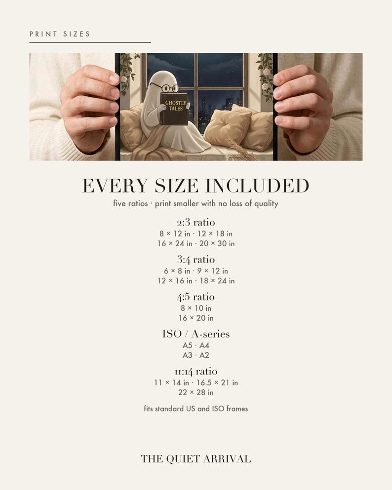 Size chart card listing every print size included for each aspect ratio in this download.