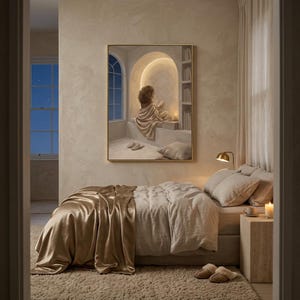 Woman reading nook wall art hung in a quiet bedroom with textured plaster walls, linen bedding, and a thin gold frame, no mat.