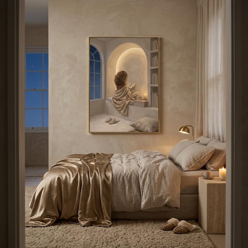 Woman reading nook wall art hung in a quiet bedroom with textured plaster walls, linen bedding, and a thin gold frame, no mat.