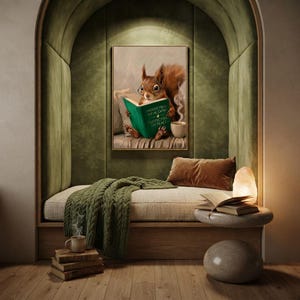 Framed squirrel reading print in a quiet reading corner beside a low sofa and a small lamp