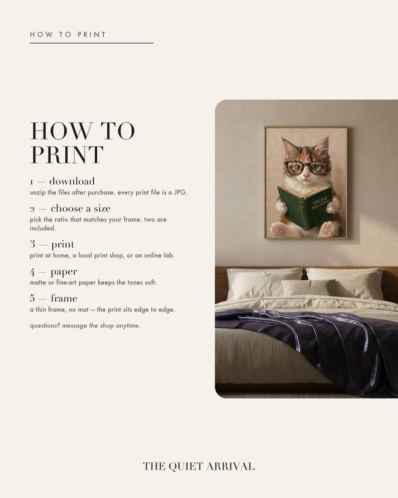 How to print card: download and unzip, choose the ratio that fits your frame, print at home or at a print shop, and framing and paper tips.