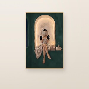 Woman with long straight dark hair reading in an emerald green arched nook. Emerald green printable wall art shown framed on a plain wall.