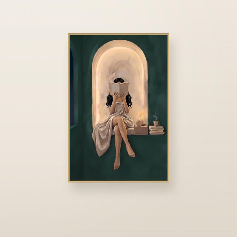Woman with long straight dark hair reading in an emerald green arched nook. Emerald green printable wall art shown framed on a plain wall.