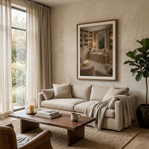 Reading nook wall art printable above beige linen sofa with fiddle leaf fig, neutral japandi living room mockup
