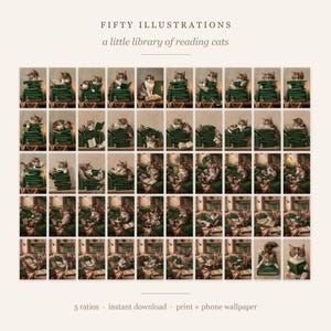Contact sheet of all fifty cat reading illustrations in a grid, each a calico cat in glasses with dark green library books, for print and phone wallpaper.