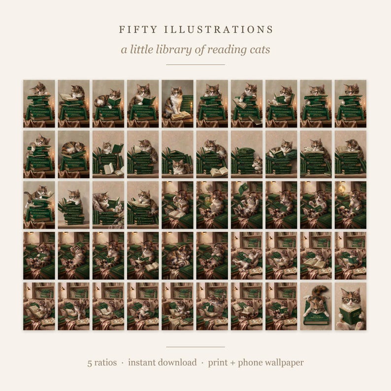 Contact sheet of all fifty cat reading illustrations in a grid, each a calico cat in glasses with dark green library books, for print and phone wallpaper.