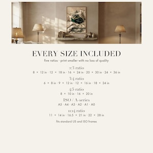Print size chart showing every included ratio and dimension for this digital wall art download