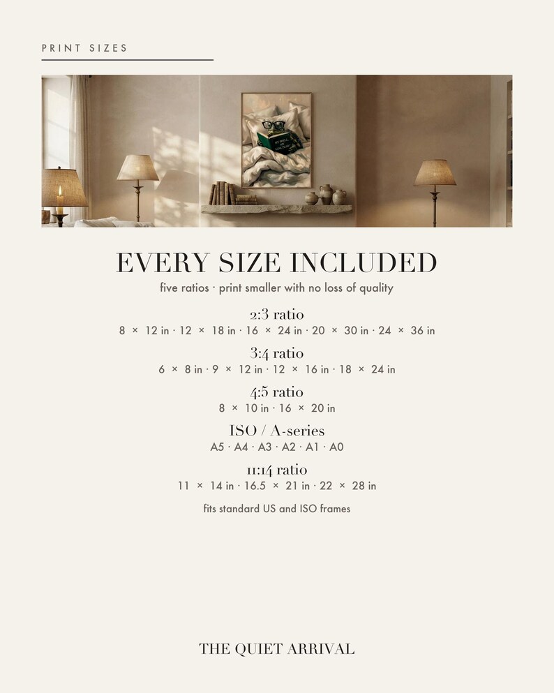 Print size chart showing every included ratio and dimension for this digital wall art download
