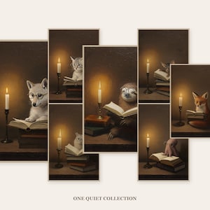 Seven framed candlelit animal reading prints arranged as an asymmetric gallery wall