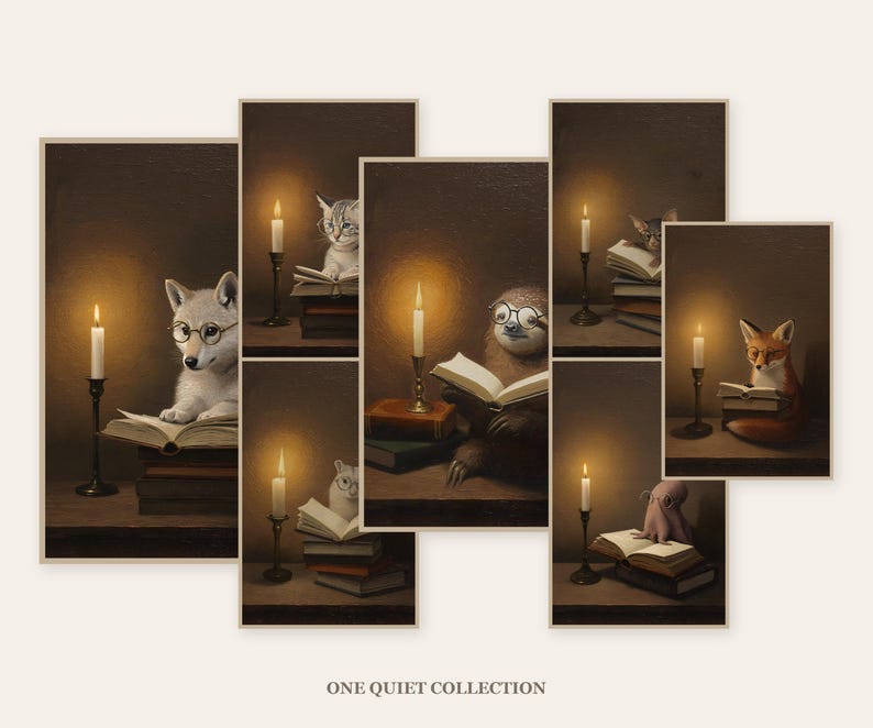 Seven framed candlelit animal reading prints arranged as an asymmetric gallery wall