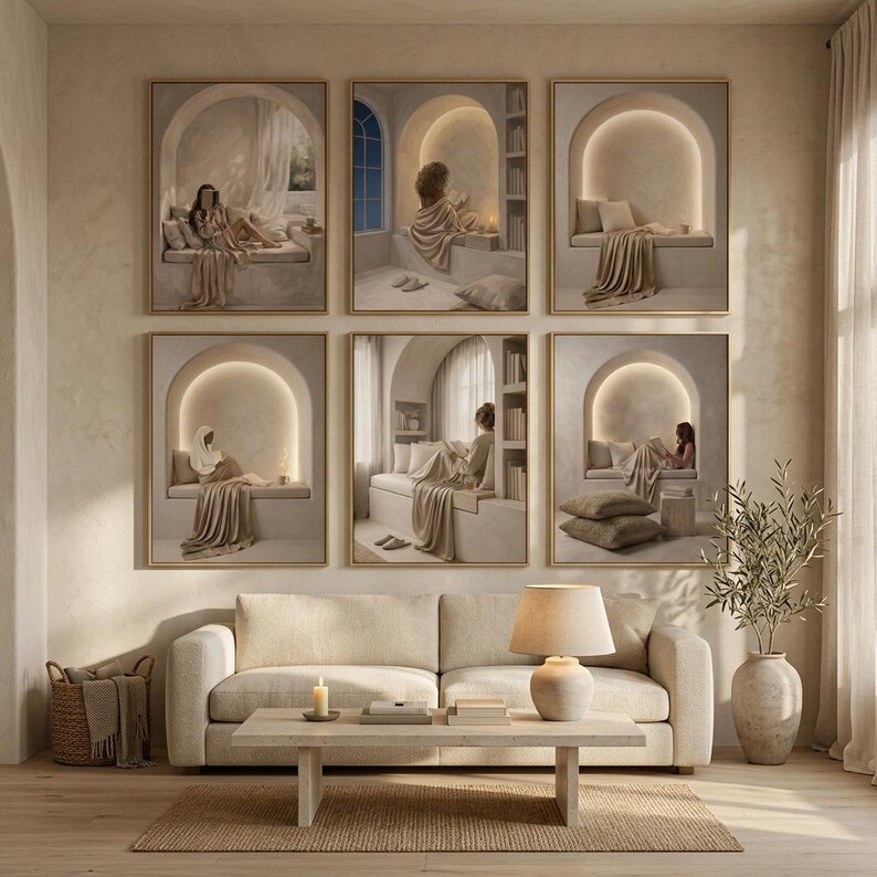 Set of six beige reading nook prints above a cream sofa, with a candle and a ceramic lamp on a low travertine table and olive branches in a tall floor vase.