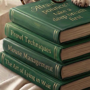 Close-up of the print: four dark green clothbound books lettered in gold - Afraid to pounce? take a deep breath first on the top cover, then Prowl Techniques, Mouse Management and The Art of Lying in Wait - with the cat's paw on the top book.