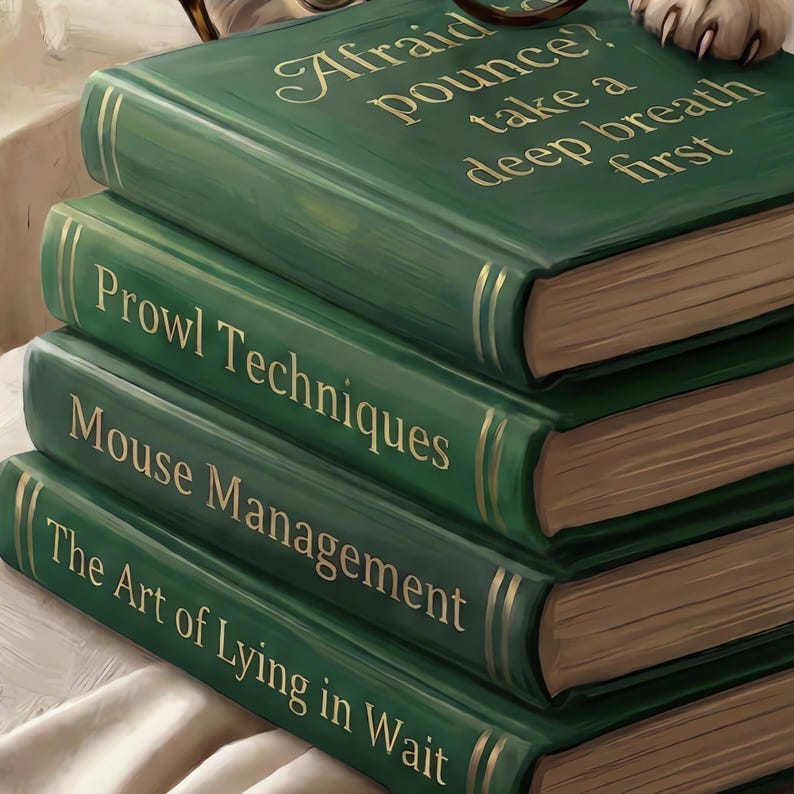 Close-up of the print: four dark green clothbound books lettered in gold - Afraid to pounce? take a deep breath first on the top cover, then Prowl Techniques, Mouse Management and The Art of Lying in Wait - with the cat's paw on the top book.