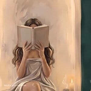 Close-up detail of the woman with light brown hair reading in an emerald green arched nook artwork showing brushwork and candlelight at full print resolution.