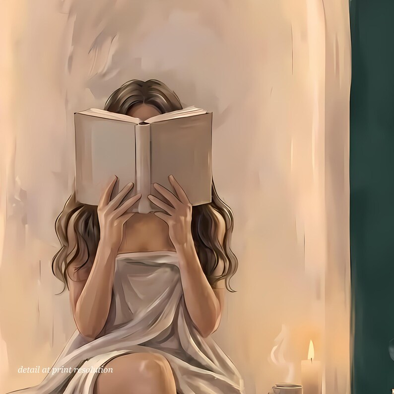 Close-up detail of the woman with light brown hair reading in an emerald green arched nook artwork showing brushwork and candlelight at full print resolution.