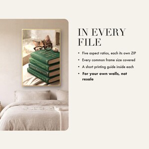 In every file card: a photo of the framed print above a linen-dressed bed, beside four points - five aspect ratios each in its own zip, every common frame size, a printing guide inside each, for your own walls not resale.