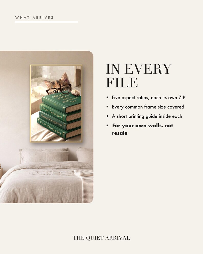 In every file card: a photo of the framed print above a linen-dressed bed, beside four points - five aspect ratios each in its own zip, every common frame size, a printing guide inside each, for your own walls not resale.
