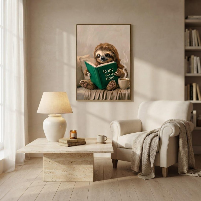 Sloth reading wall art framed on a warm plaster wall in a calm light-filled living room with a cream linen sofa