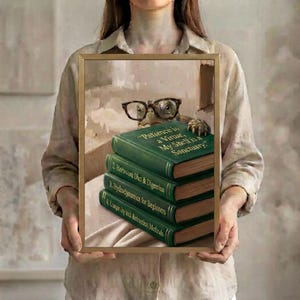 A person in a linen shirt holding the turtle peeking over books art print in a slim gold frame against a soft neutral background