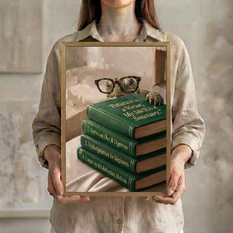 A person in a linen shirt holding the turtle peeking over books art print in a slim gold frame against a soft neutral background