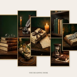 Seven framed dark academia still life prints arranged as a gallery wall: books with reading glasses, a quill and inkwell, a pocket watch, wax-sealed letters, a stack of bookends, an hourglass beside a book, and a moth resting on an open book. Caption reads The Reading Desk.
