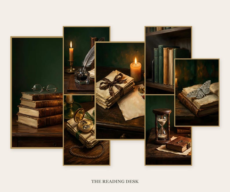 Seven framed dark academia still life prints arranged as a gallery wall: books with reading glasses, a quill and inkwell, a pocket watch, wax-sealed letters, a stack of bookends, an hourglass beside a book, and a moth resting on an open book. Caption reads The Reading Desk.