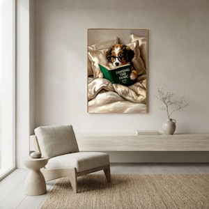 The framed puppy print in a quiet corner with a pale armchair, a small round side table and a vase of branches by a window