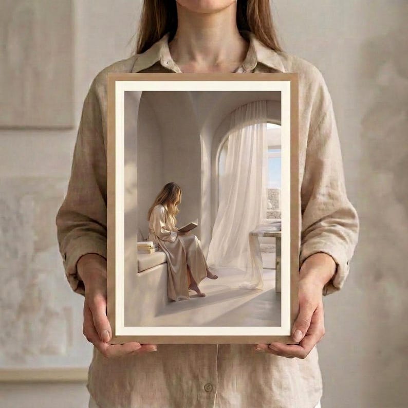 May include: A rectangular framed wall art print featuring a person with long hair wearing a light-coloured robe, sitting on a built-in bench inside a room with arched architecture, reading a book near a window with sheer white curtains.