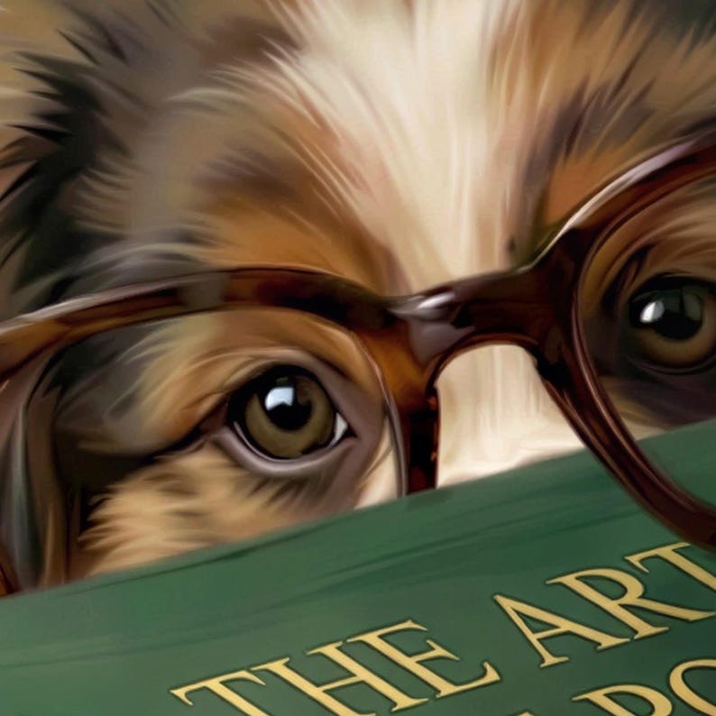 Close-up detail of the dog peeking over books print showing the round glasses, the gold lettering on the top book THE ART OF THE POUNCE AND OTHER KINETIC MANEUVERS, and the paws