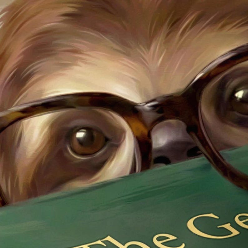 Close-up detail of the sloth peeking over books print showing the round glasses, the gold lettering on the top book The Gentle Art of Taking It Slow, and the paws