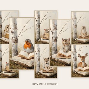 Eight framed woodland animal prints in pale oak frames showing the set hanging together as one collection