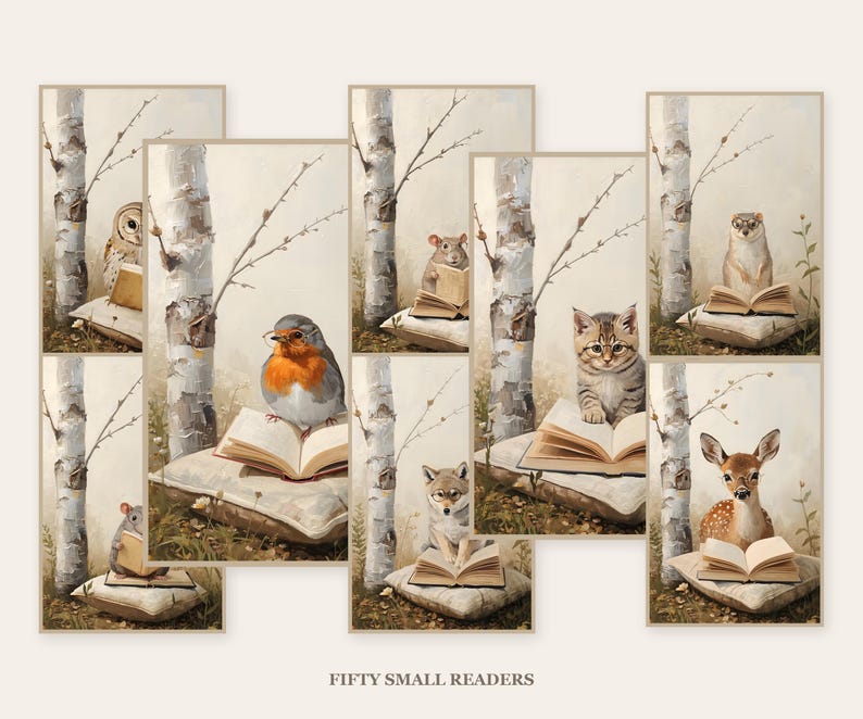 Eight framed woodland animal prints in pale oak frames showing the set hanging together as one collection