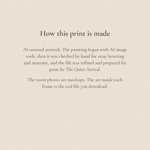 Note explaining the artwork is AI-assisted, checked by hand, and the room photos are mockups with the real file inside