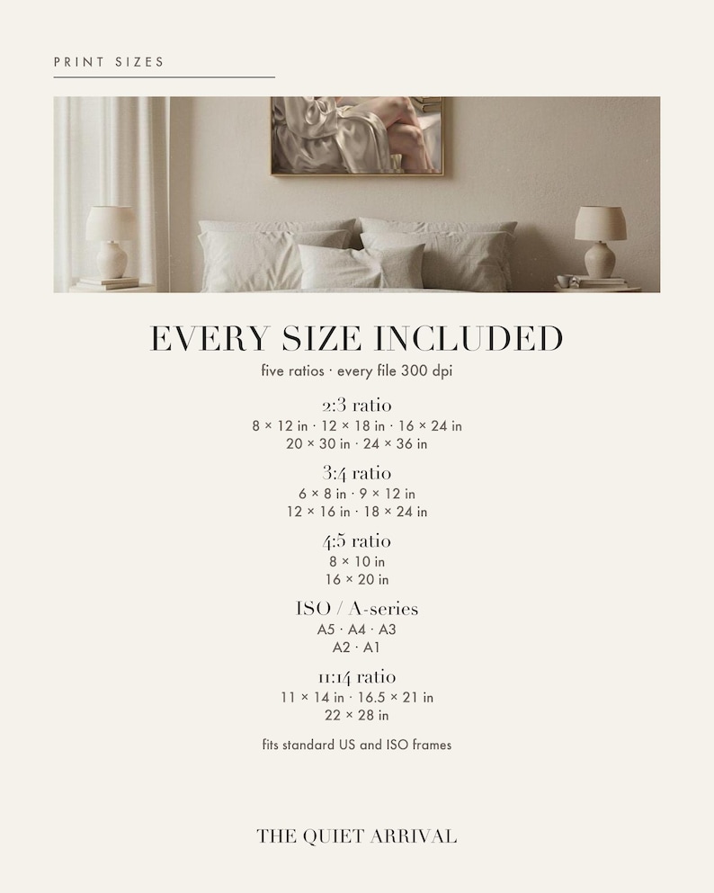Print size chart showing every included ratio and dimension for this digital wall art download