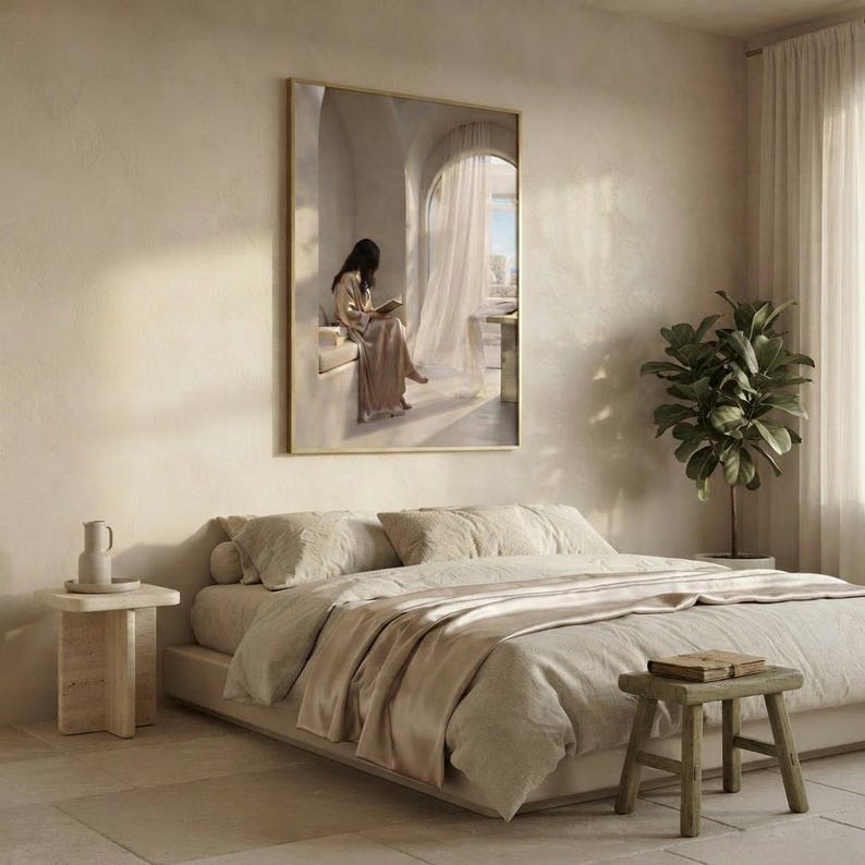 The soft hours print framed on the wall of a styled neutral room, showing how it sits in a real interior. neutral printable wall art, minimalist home decor, Japandi style, calm living room and bedroom decor, slow living digital download.