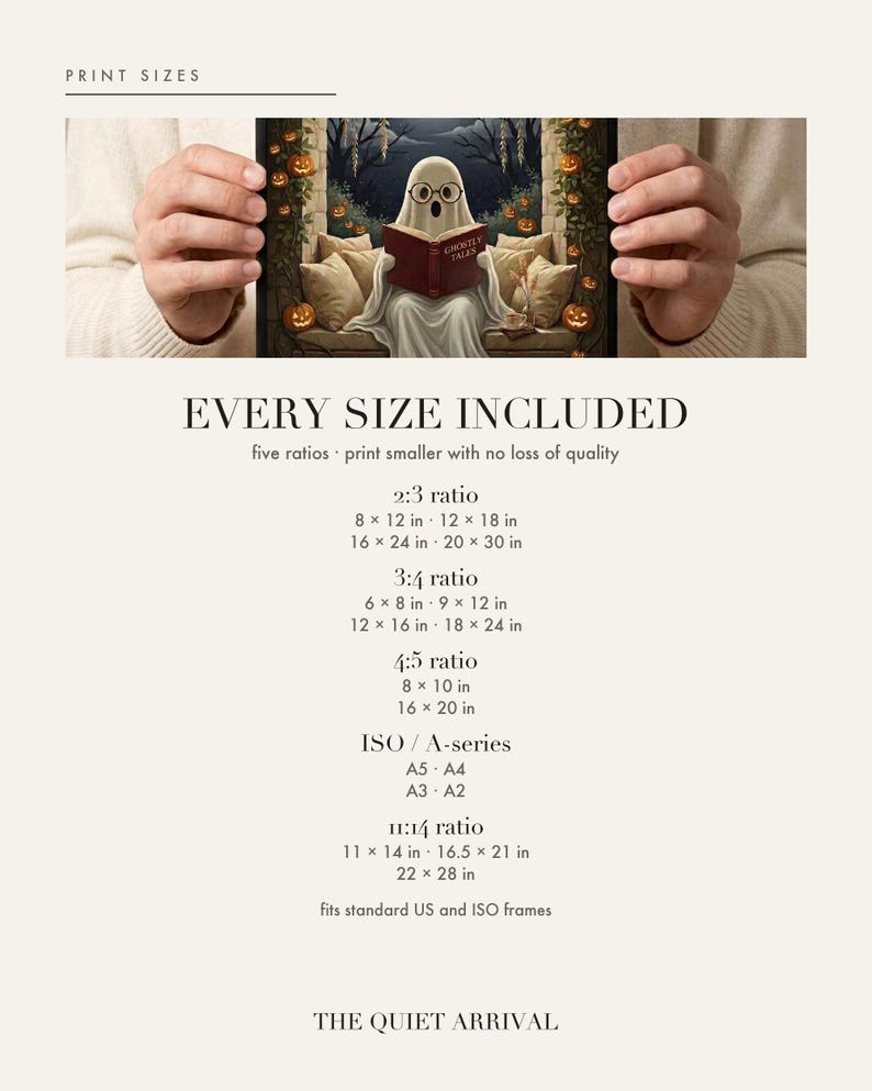 Size chart card listing every print size included for each aspect ratio in this download.